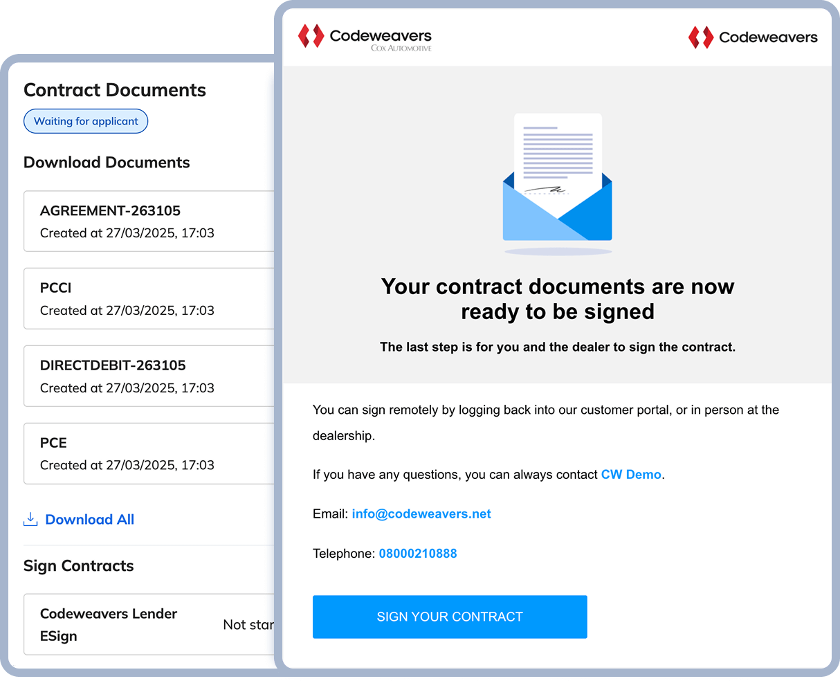 Side-by-side screenshots showing online contact documents with status updates and a consumer-facing email prompting contract completion.