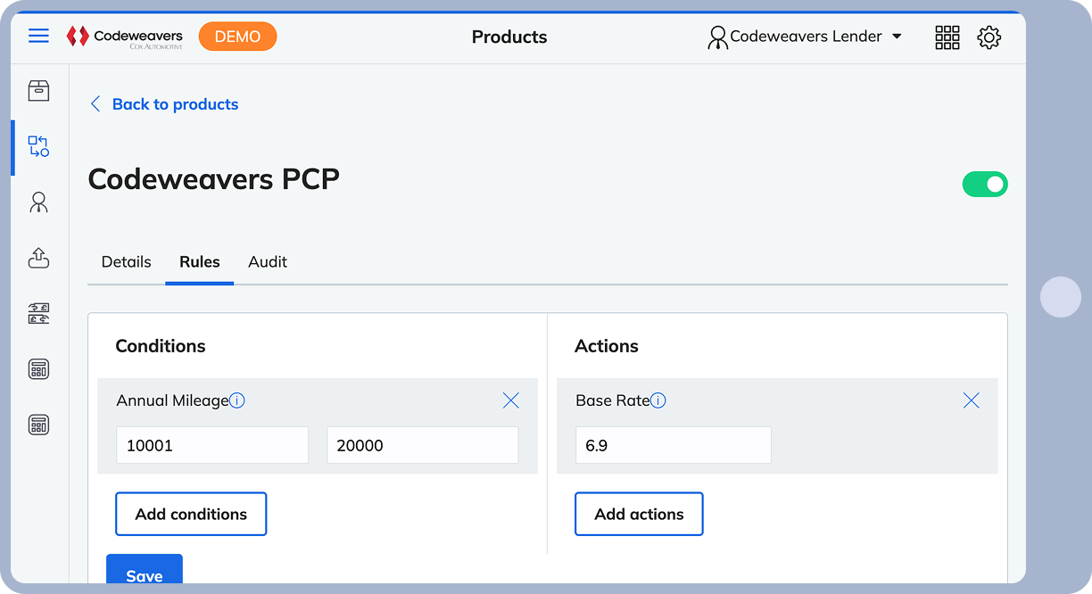 Screenshot of Codeweavers’ self-serve solution, showing how retailers can set and adjust product rules.