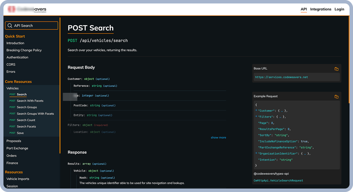Screenshot of the Codeweavers API documentation showing the POST vehicle search endpoint, including request body, response format, and example code.