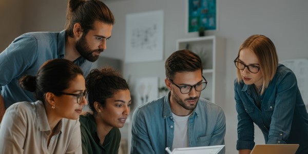 A group of people gathered around a laptop
