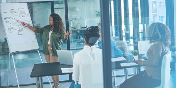Woman standing in a boardroom presenting to a group of people in the technology industry