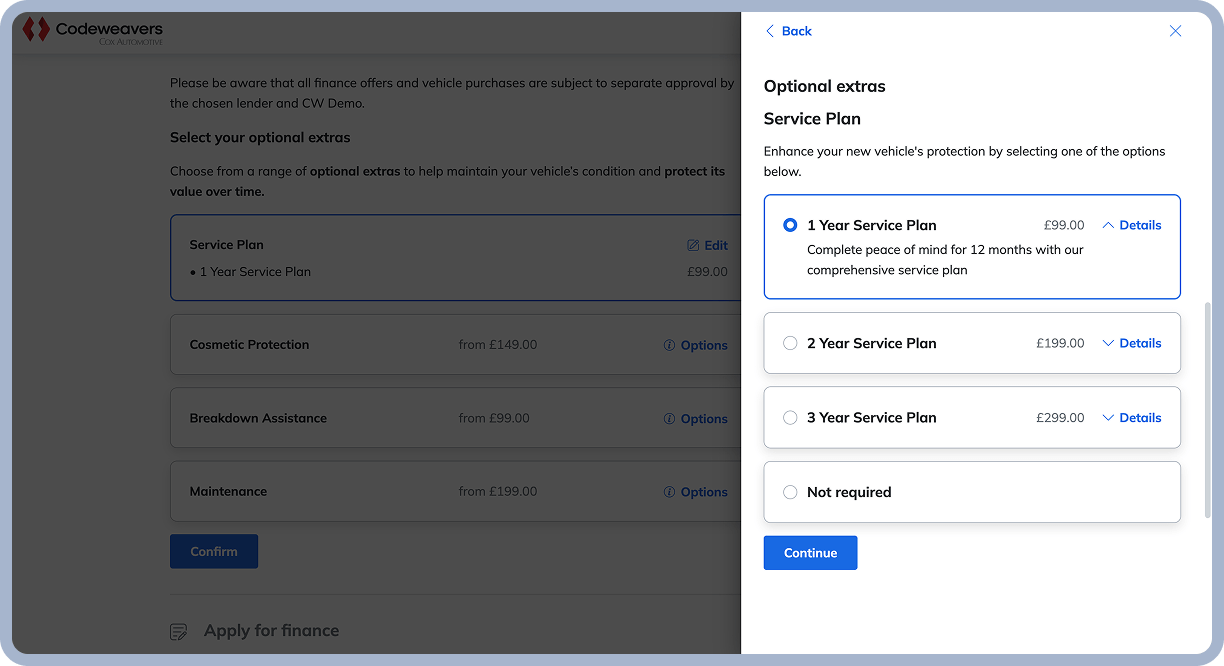 A slide-out interface showing Codeweavers' optional extras solution. Pricing is displayed for three services plans, with the ability to view more details.