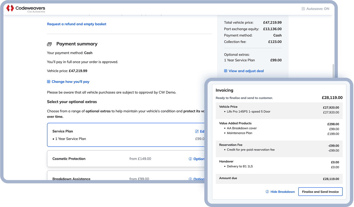 Two overlayed screenshots of the Codeweavers payment summary. One view shows the selected payment method, onboarding, an option to change the payment type, and the ability to add optional extras. The second view shows an example of an invoice, breaking down the selected vehicle options.