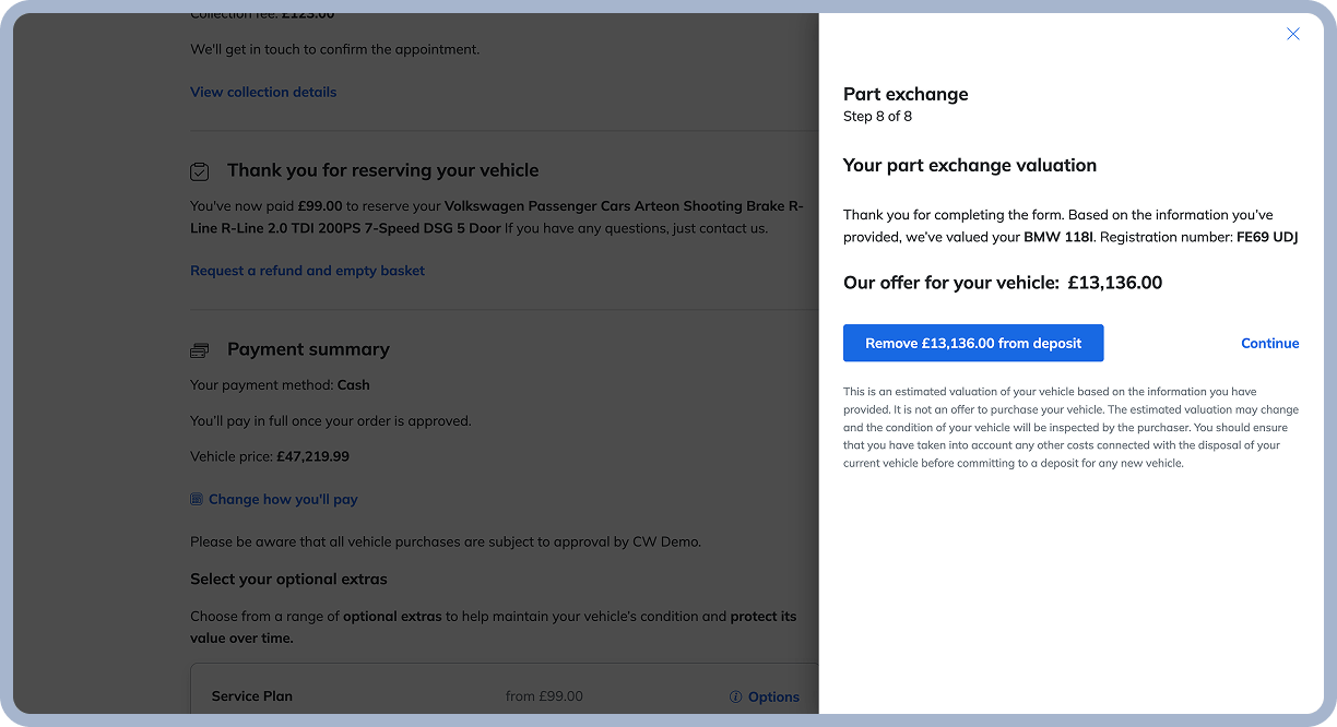 A slide-out interface showing Codeweavers' part exchange journey, with onboarding, a monetary offer, the option to remove the offer from your deposit, and a CTA to continue with the journey.