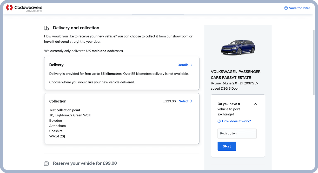 A screenshot of Codeweavers’ Checkout on the Delivery and Collection module, showing onboarding, pricing, options to view more details, save your position in the journey and add a part exchange to your deal.